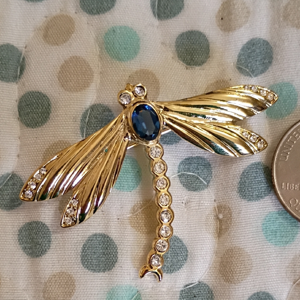 Gold Dragonfly Brooch with Blue Gem